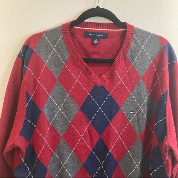 TOMMY HILFIGER SZ L Argyle 100% Cotton Preppy Academia Style Sweater - Picture 4 of 10